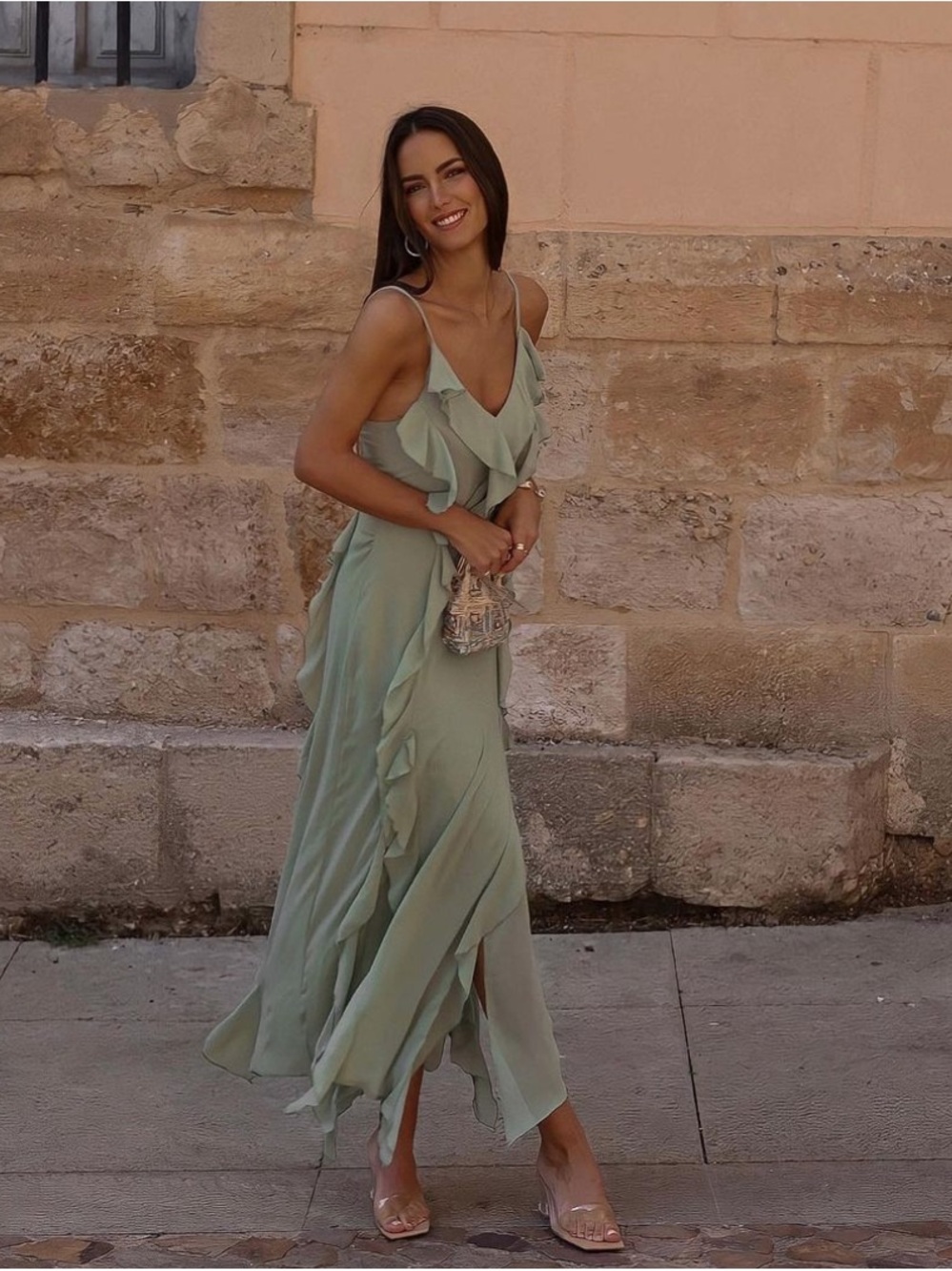 Zara Sea Green Long Ruffled Dress